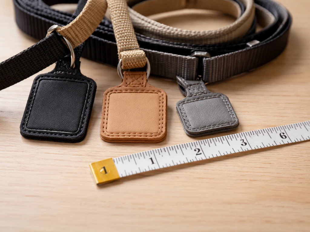 Close-up of pet harness size tags with a clear measuring tape cue, showing sizing mistakes—no bird.