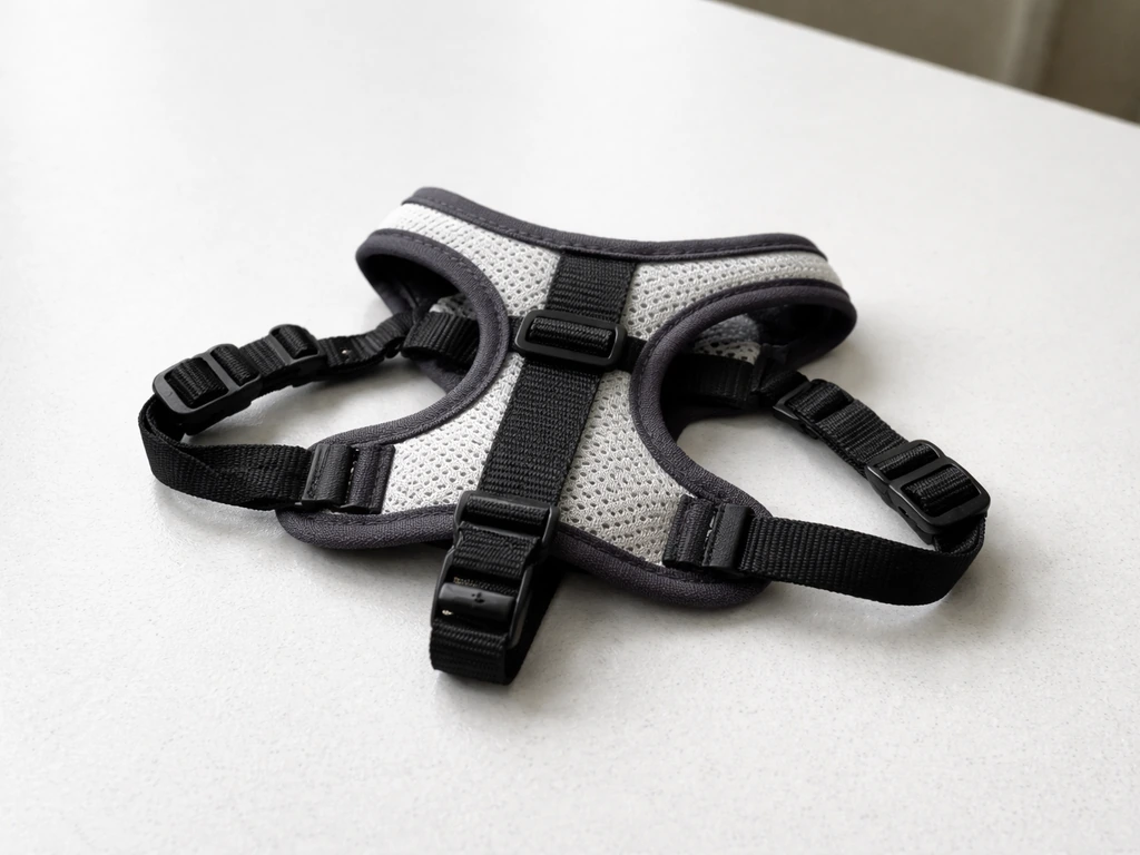 Bird vest/backpack-style harness laid flat showing wrap-around torso coverage and buckles/adjusters placement.