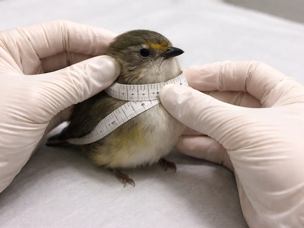 Close-up of hands measuring a small bird’s neck and chest girth with a soft tape