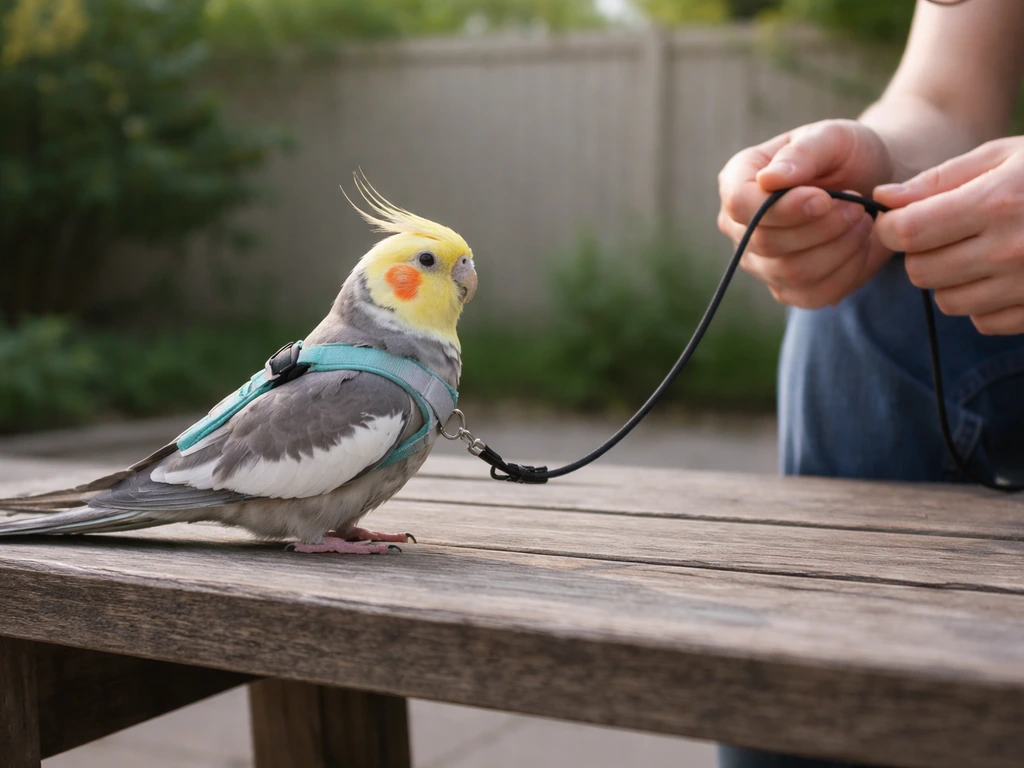 Pet bird perched calmly on a patio bench wearing a harness, handler holding the leash with gentle slack.