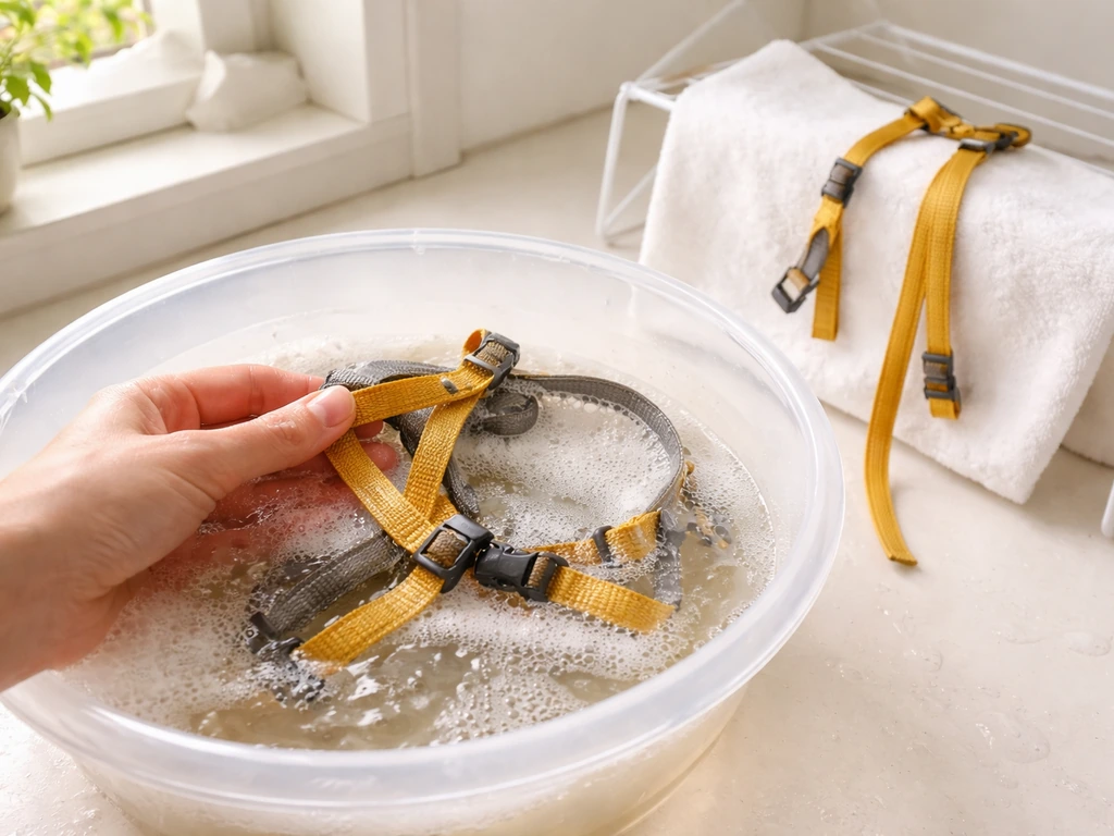 Hand-washing a bird harness in a basin; buckles and straps visible, air-drying nearby.