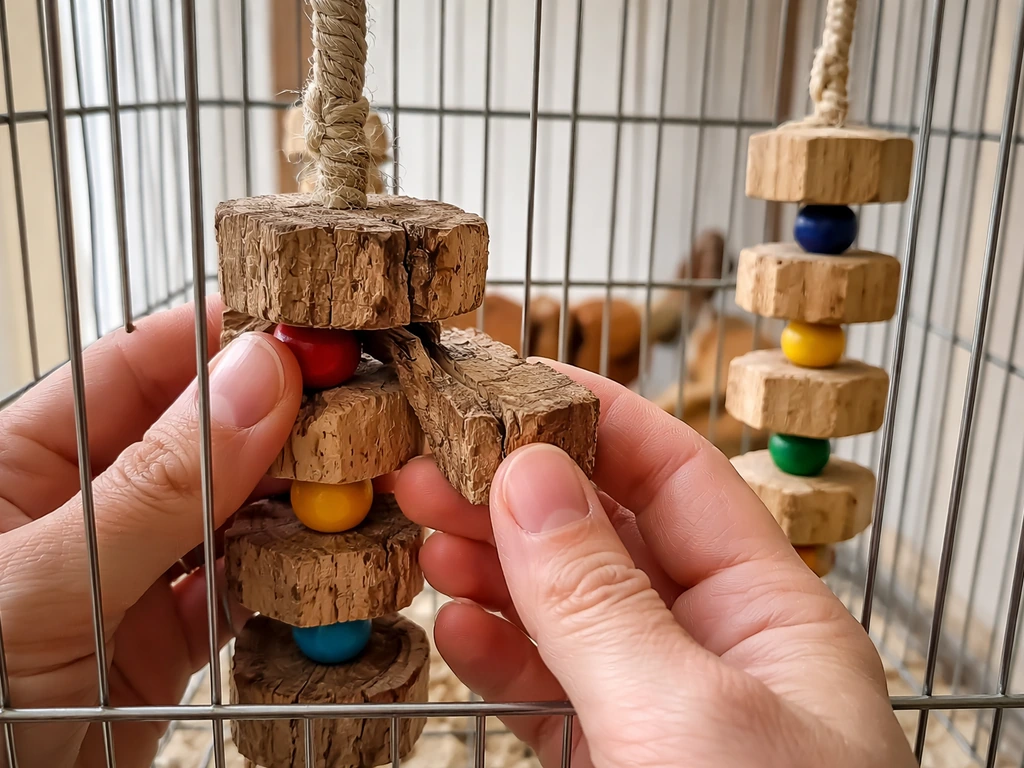 Close-up hands checking a wooden bird toy for cracks inside a simple birdcage, with another toy nearby.