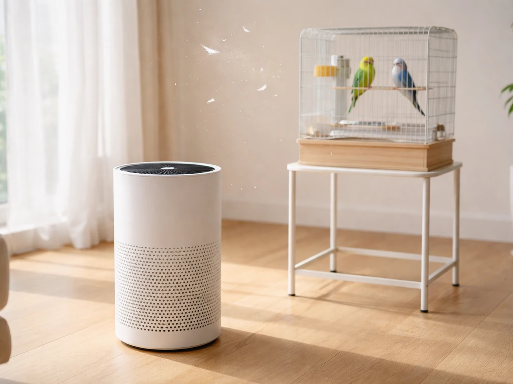 Air purifier running beside a bird cage with soft light and visible dust motes in the air