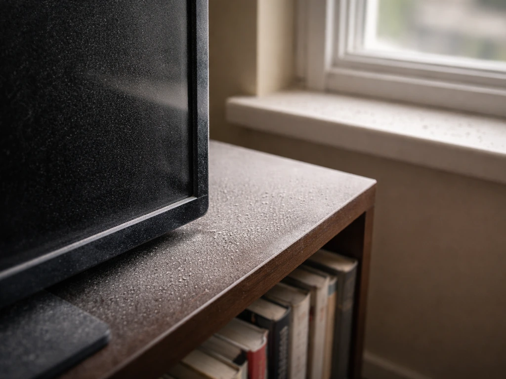 Fine gray bird dust settling on a TV screen, bookshelf edge, and window sill in natural light.