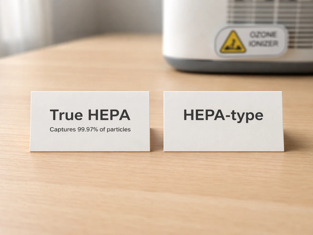 Close-up of two air filter labels on a clean tabletop, one marked True HEPA and one marked HEPA-type, with a device warn