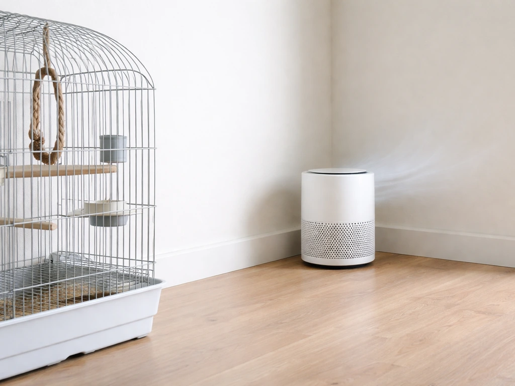 Air purifier positioned a few feet from a bird cage, off to the side with unobstructed airflow.