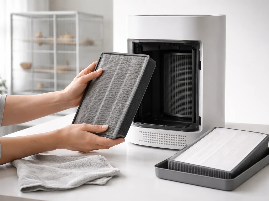 Air purifier maintenance: used HEPA filter removed and exterior wiped clean on a tidy tabletop.