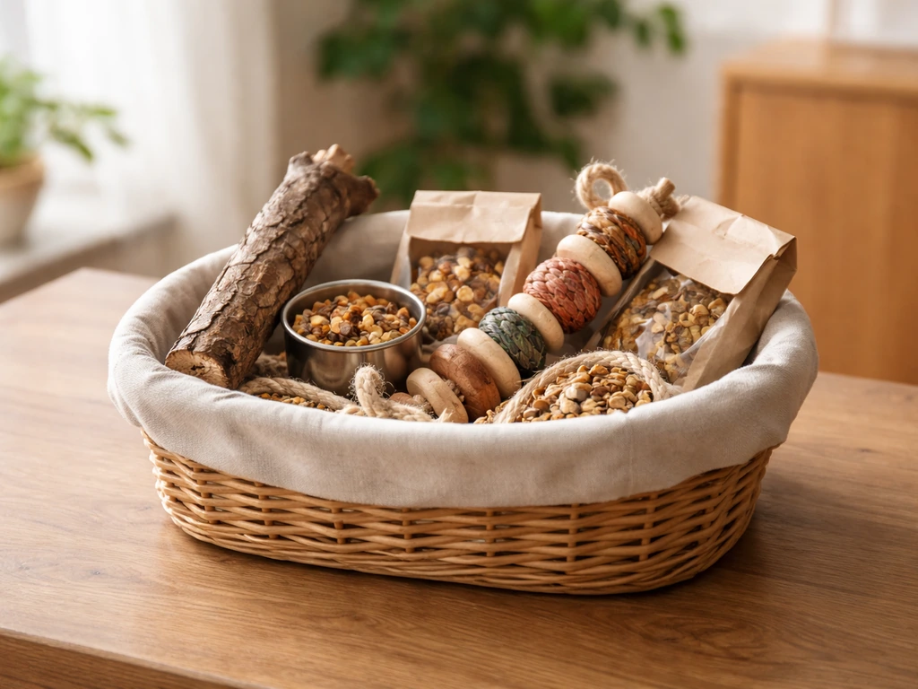 Ready-to-gift bird basket on a table with foraging toy, natural perch pieces, and safe treats.