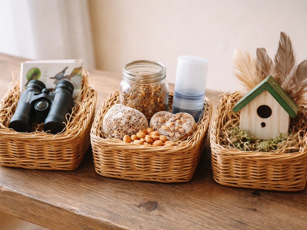 Three small wicker “bird basket” gift arrangements showing backyard, pet supplies, and decor items.