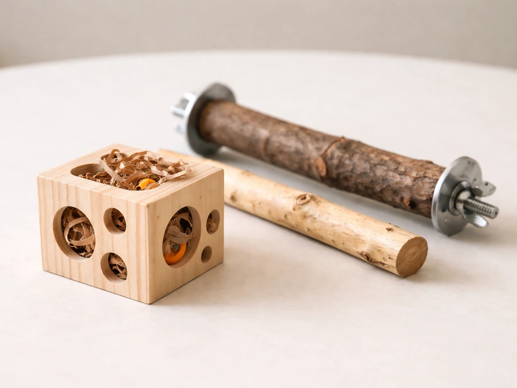 Foraging toy with treats next to natural wood perches of two diameters on a clean surface