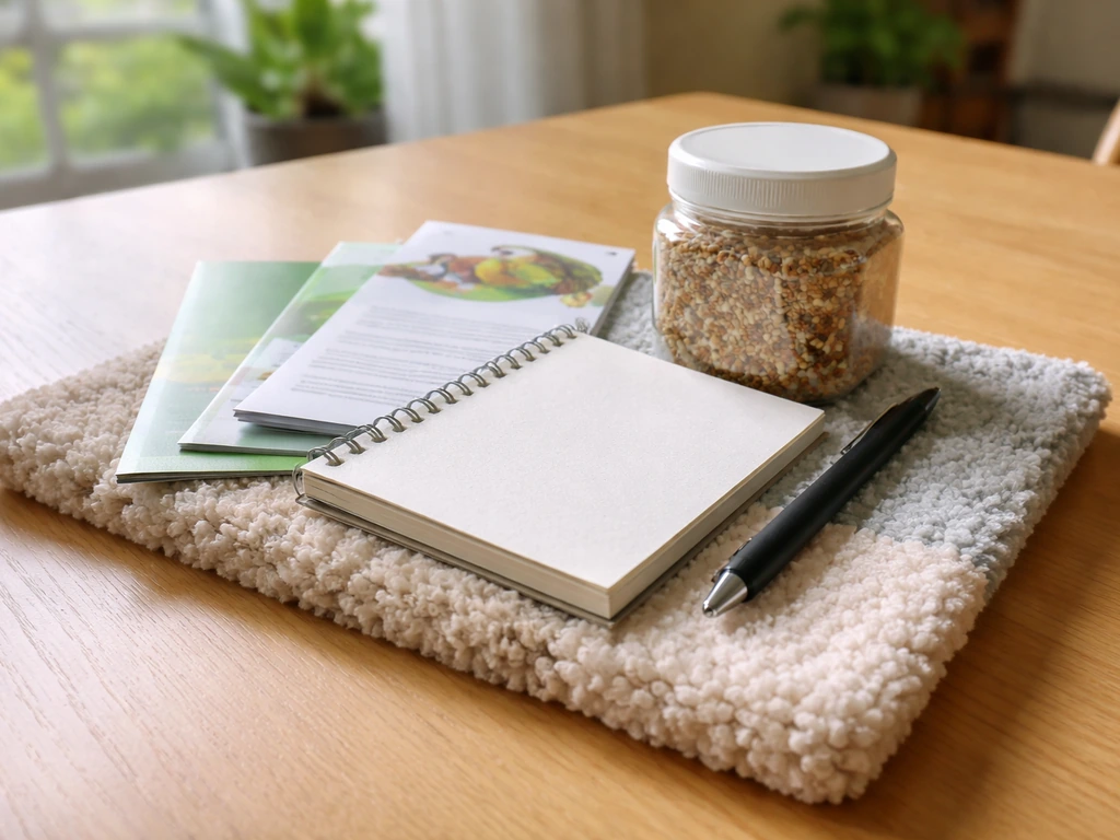 Minimal starter kit for first-time bird owners: notebook, bird-care pamphlets, seed cup, and soft perch mat