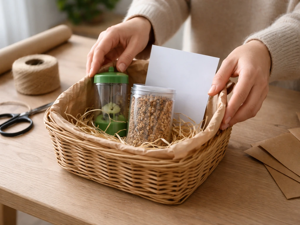 Hands assembling a DIY bird basket with unbleached paper filler and neatly placed starter items.