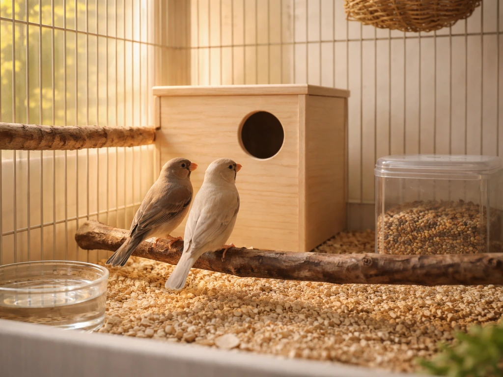 Warm home aviary with a nest box and a calm pair of small breeding birds ready for chicks.