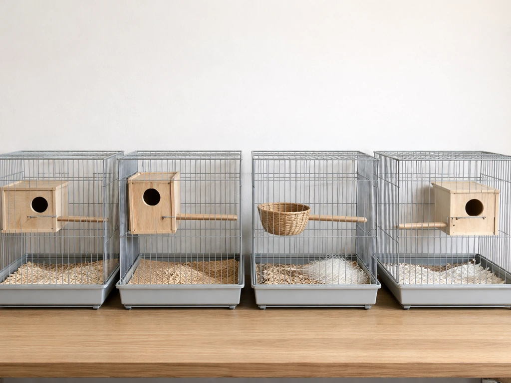 Set of small bird cages side-by-side with nesting supplies, showing beginner-friendly species for breeding