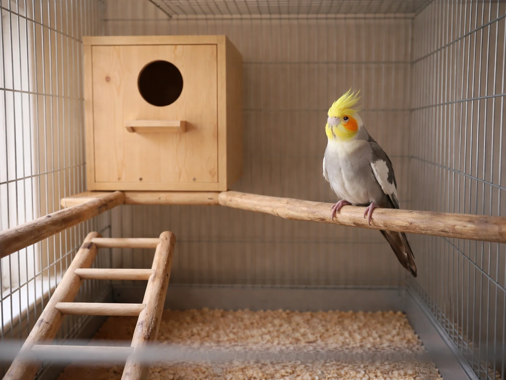 Calm cockatiels inside a simple breeding setup cage with perches and a nest box.