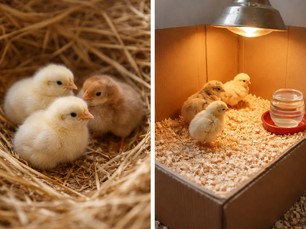 Newly hatched chicks in a straw nest and a separate clean brooder setup ready for weaning.
