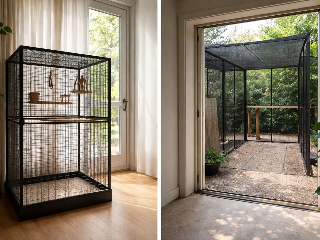 Small bird aviary setup indoors near a window and a simple outdoor shaded enclosure in the background
