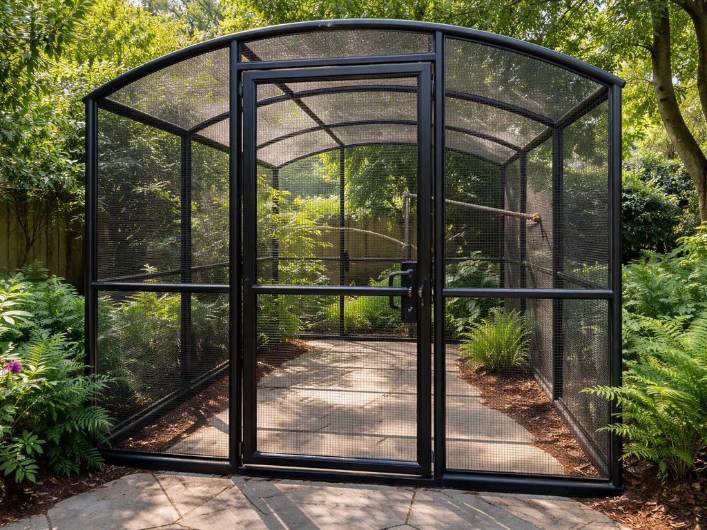 Outdoor walk-in aviary entrance with mesh enclosure and secure double-door predator guard in daylight.
