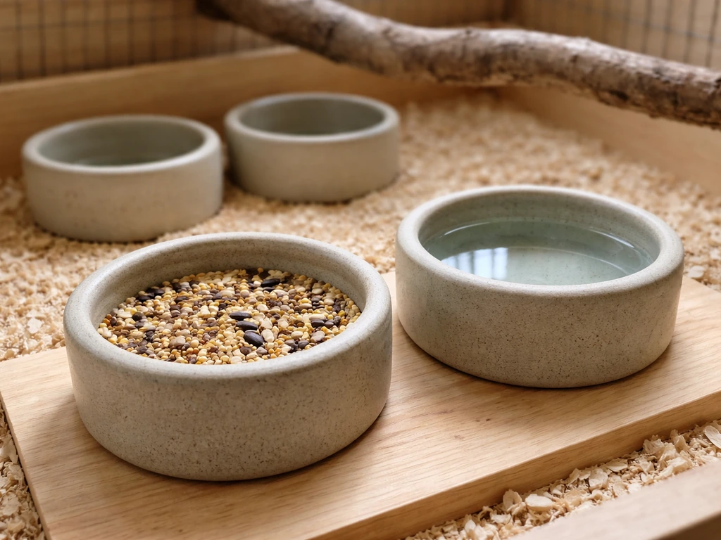 Close-up of heavy ceramic feeding and water bowls in a clean bird cage setup.