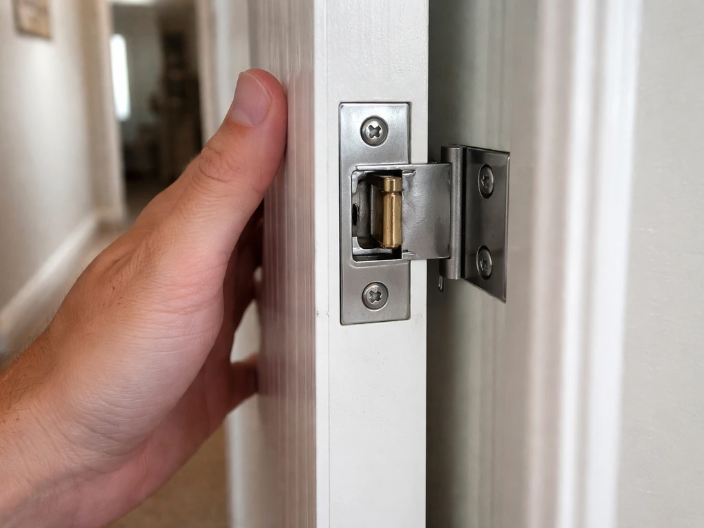 Close-up of a door latch and hinge area showing a secure, properly seated lock mechanism.