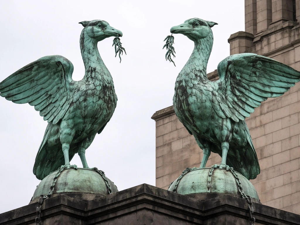 Close-up of the two copper Liver Birds rooftop statues with a clear view of the building edge