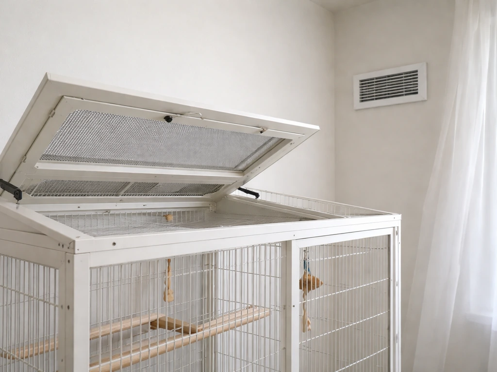 Close-up of a bird enclosure with an open ventilation section and safe mesh for fresh airflow.