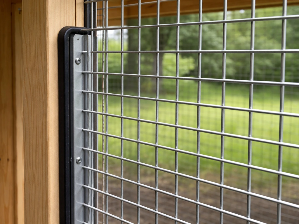 Close-up of welded wire mesh being fitted and sealed on an aviary doorway to prevent predator entry.