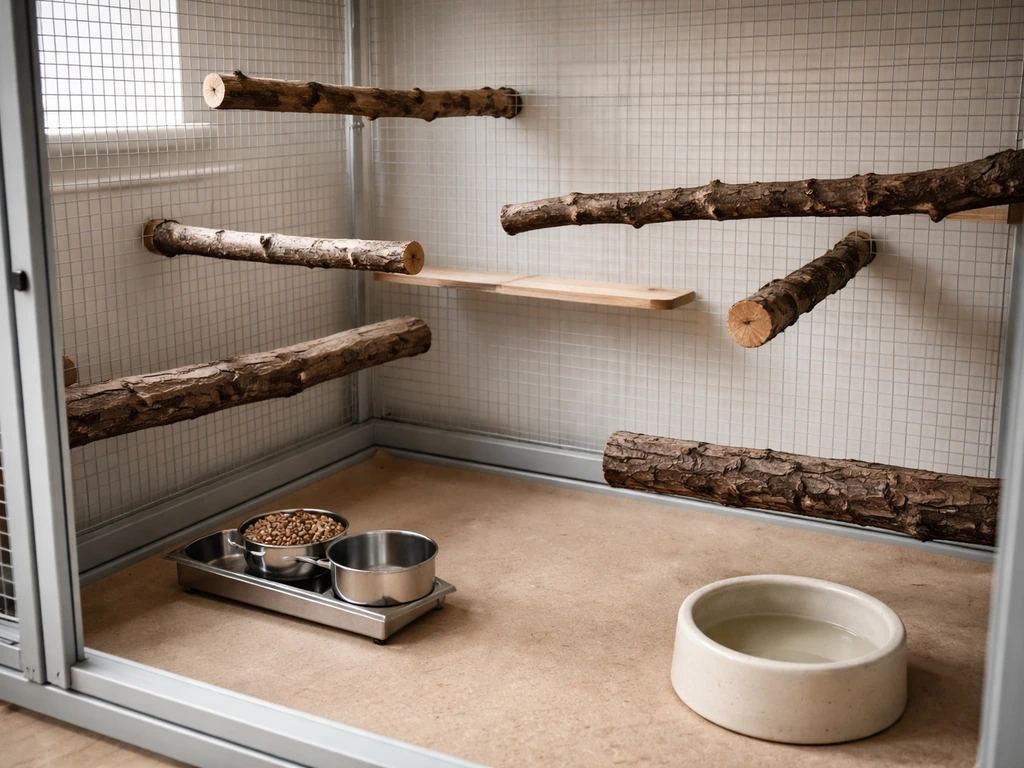 Small pet birds’ indoor setup with natural wood perches of different thicknesses and stainless feeders in view.