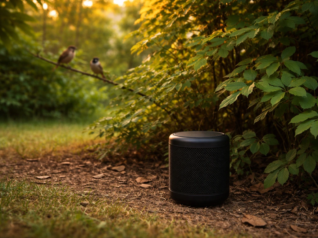 Small backyard speaker near shrubs with birds perched in trees, suggesting bird-song playback attracting birds.