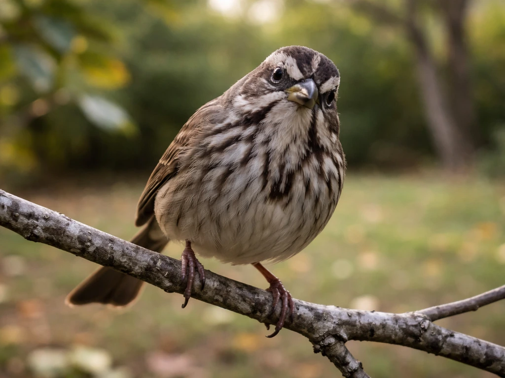 Small songbird perched and alert, investigating bird-sound playback in a quiet backyard