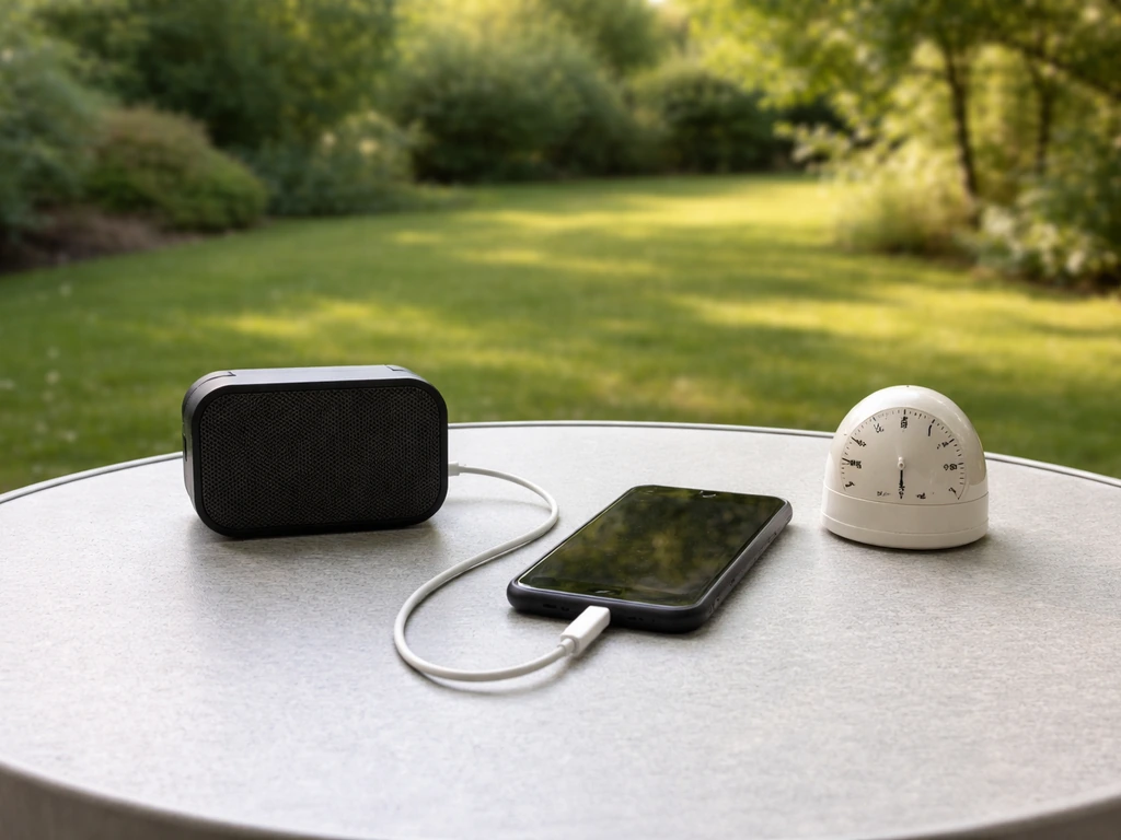 Portable speaker and smartphone on a patio table with a timer, suggesting short-burst playback.