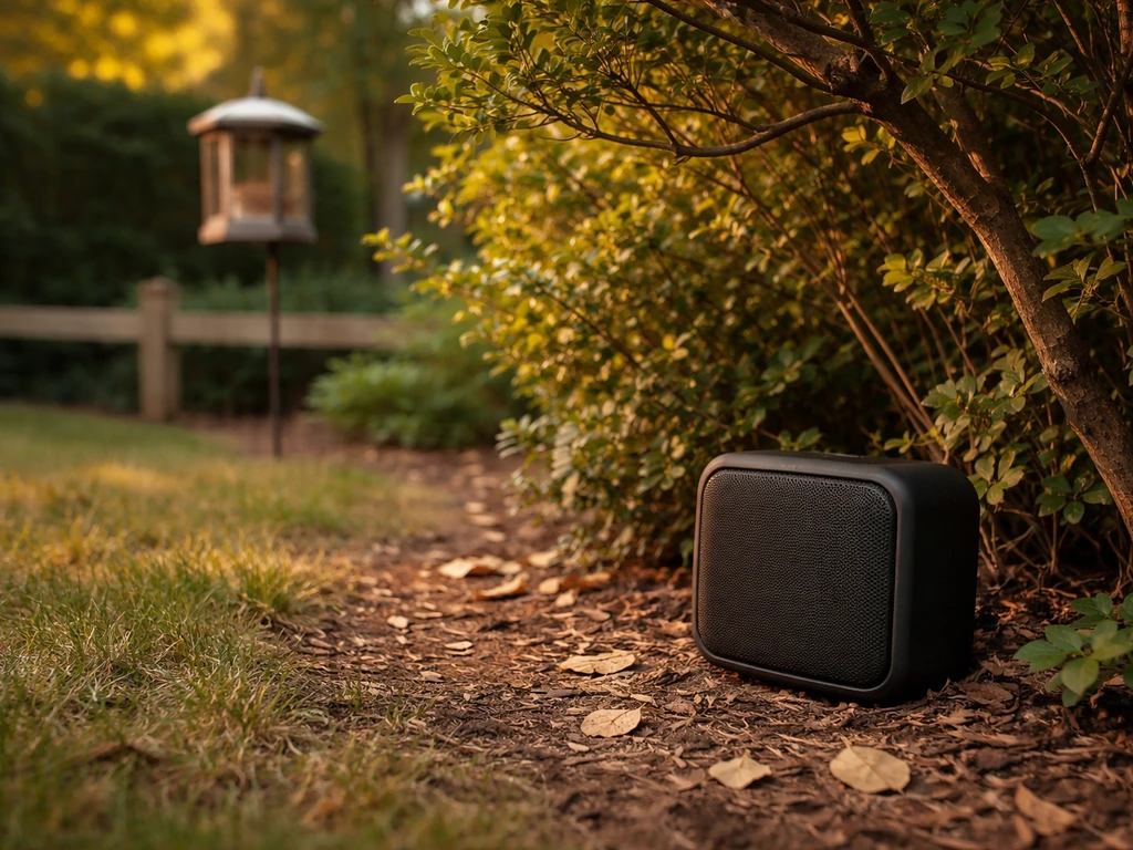 Compact outdoor speaker positioned beside a shrub and low branches, with nearby perching and feeder areas.