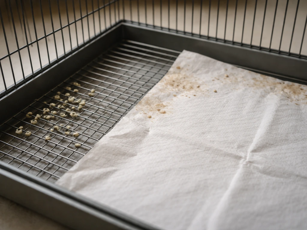 Close-up of bird cage floor showing droppings on the grate and a paper cage liner pulled out.