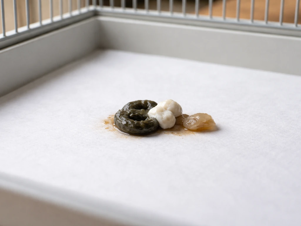 Close-up of bird droppings with separate dark feces and white urates on a cage liner