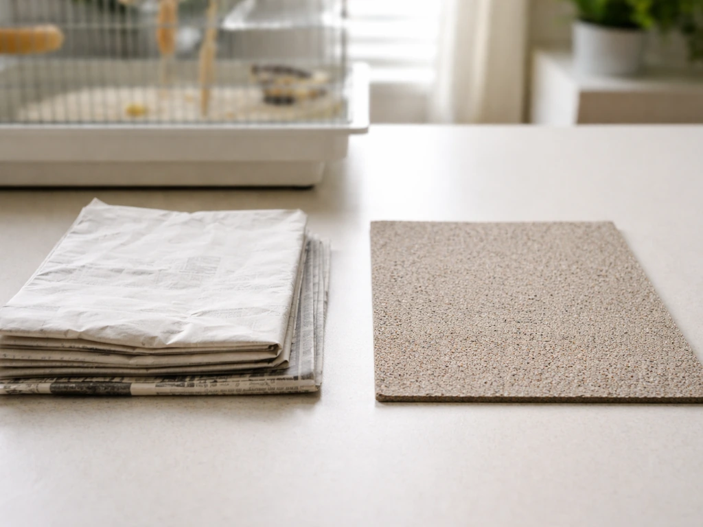 Two side-by-side cage liner samples: plain paper on one side and rough sandpaper-textured liner on the other.