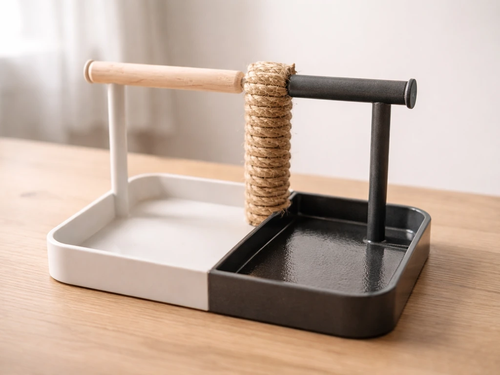 Close-up of a bird stand with safe wooden and rope perches beside a component that suggests non-stick coating risk.