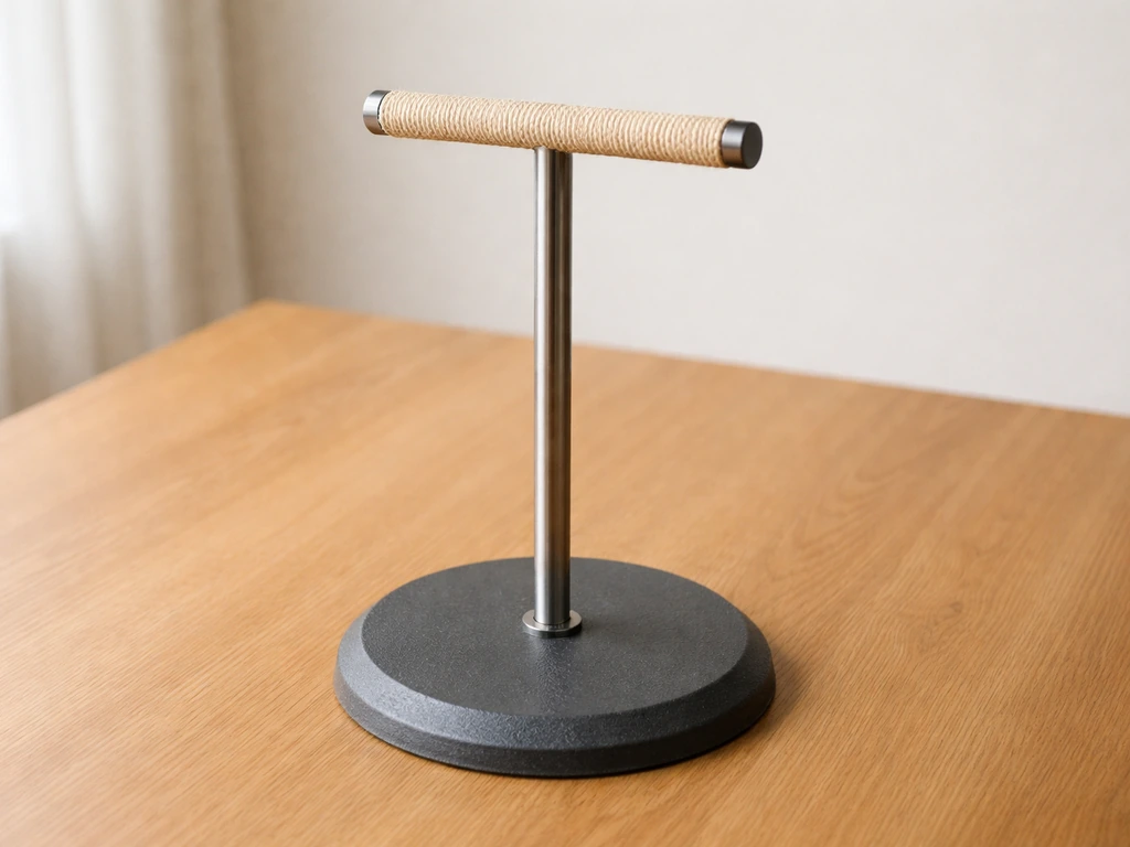 Wide heavy-based tabletop pet bird stand firmly stable on a wooden table, no wobble
