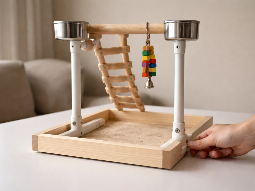 Fully assembled bird play stand with stable base on a tabletop, ready before bringing a bird near.