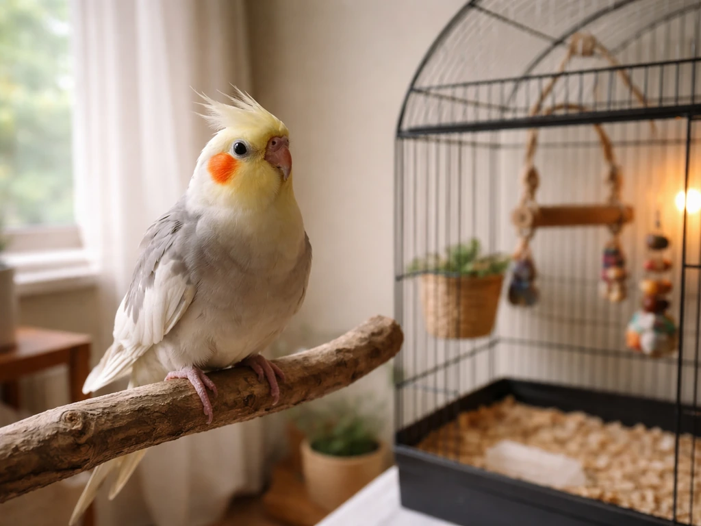 A small cockatiel perched beside a cozy bird cage setup, suggesting bonding and enrichment for beginners.