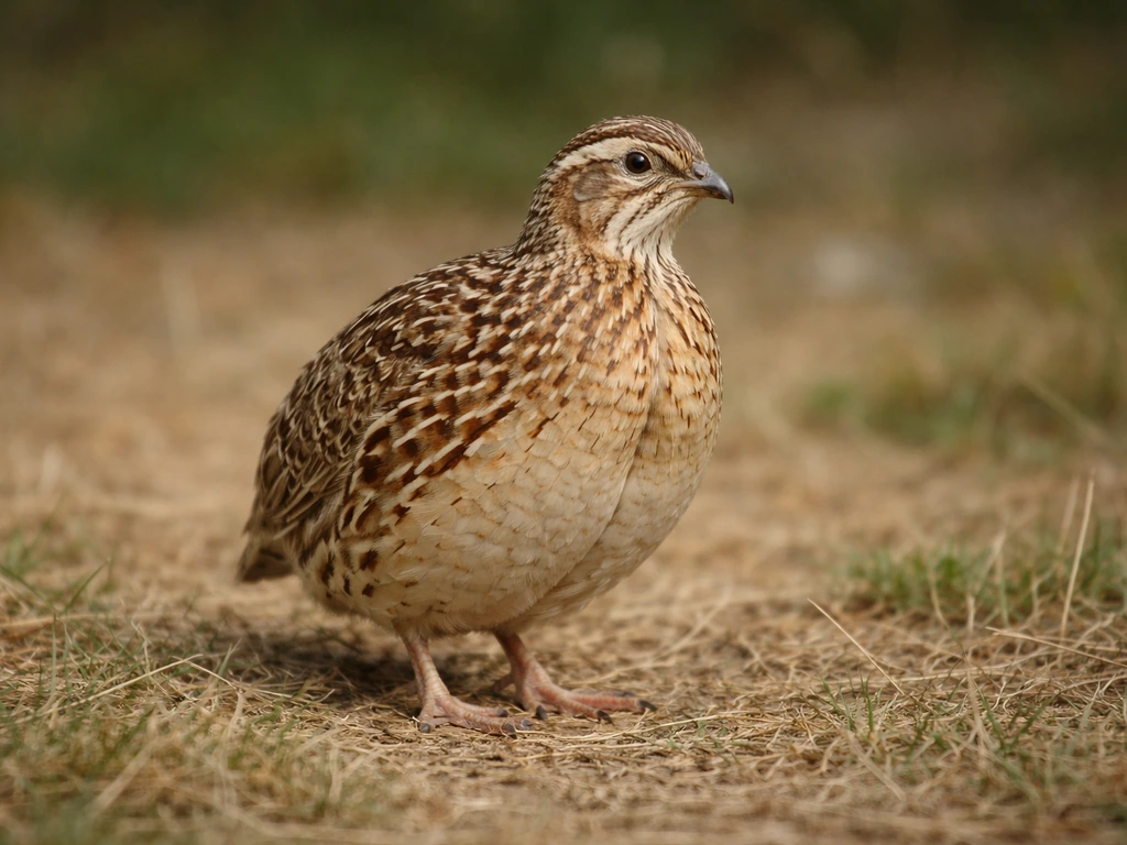 Common quail (Coturnix coturnix) standing on dry grass with soft natural background blur.