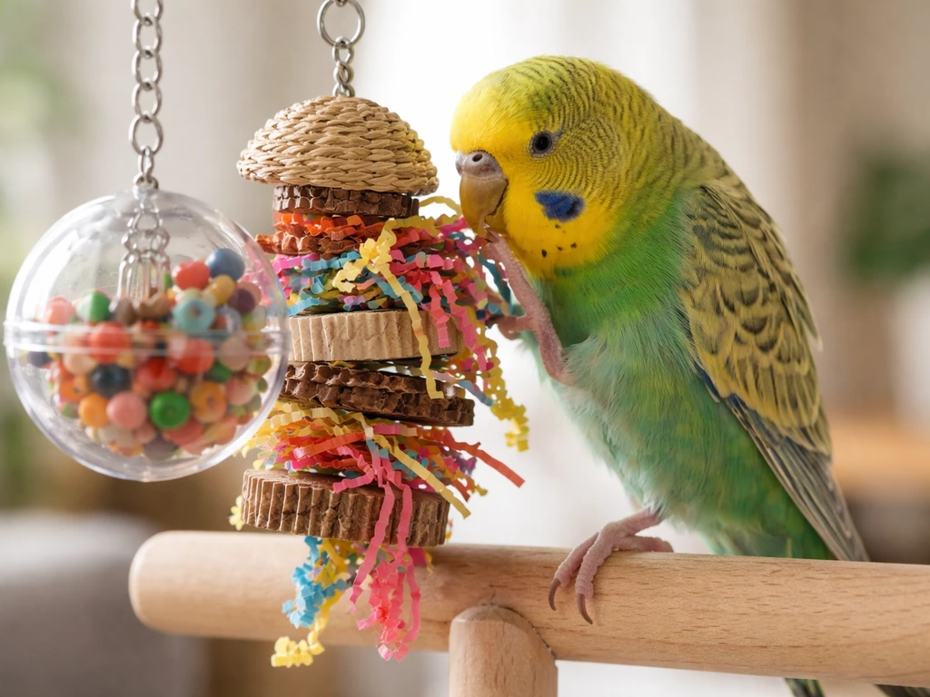 Small parrot perched and playing with a foraging ball and shredding toy indoors.
