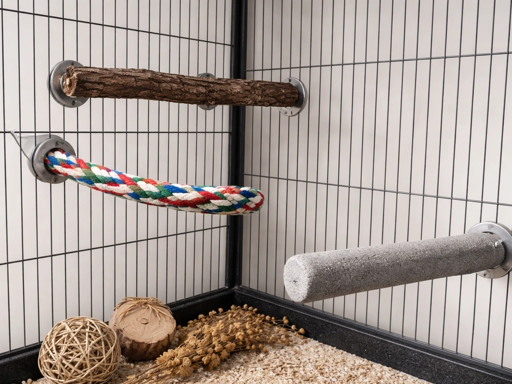 Inside of a bird enclosure showing natural wood, rope, and cement perches for foot and nail health.