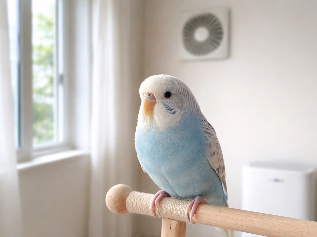 A small bird perched near an open window and air purifier in a clean, smoke-free room.