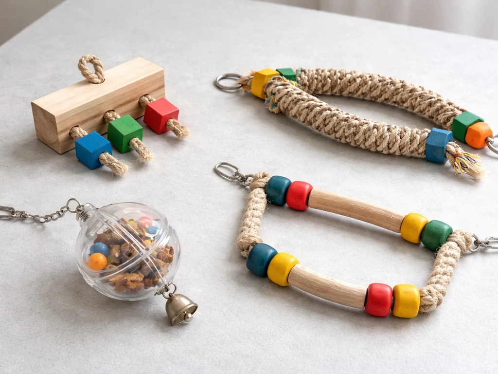 Assortment of colorful bird toys for conures—chew, shred, foraging and climbing—on a clean tabletop