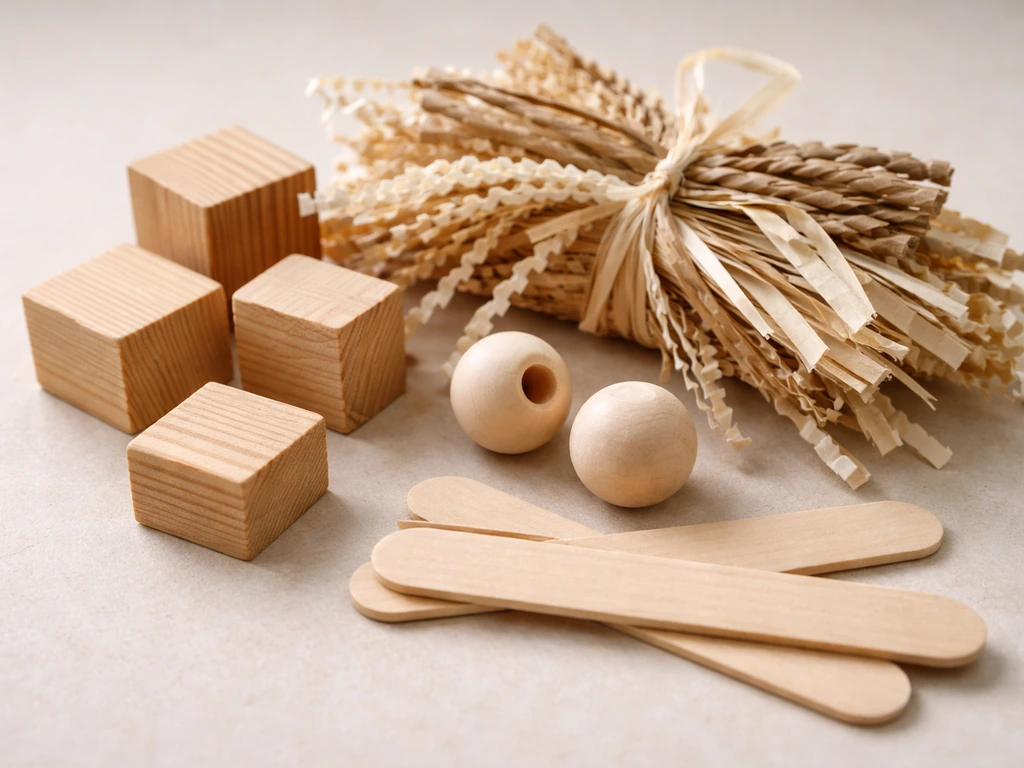 Conure-safe chew and shred toys—wood blocks, shred strips, and wooden beads—laid out on a tabletop.