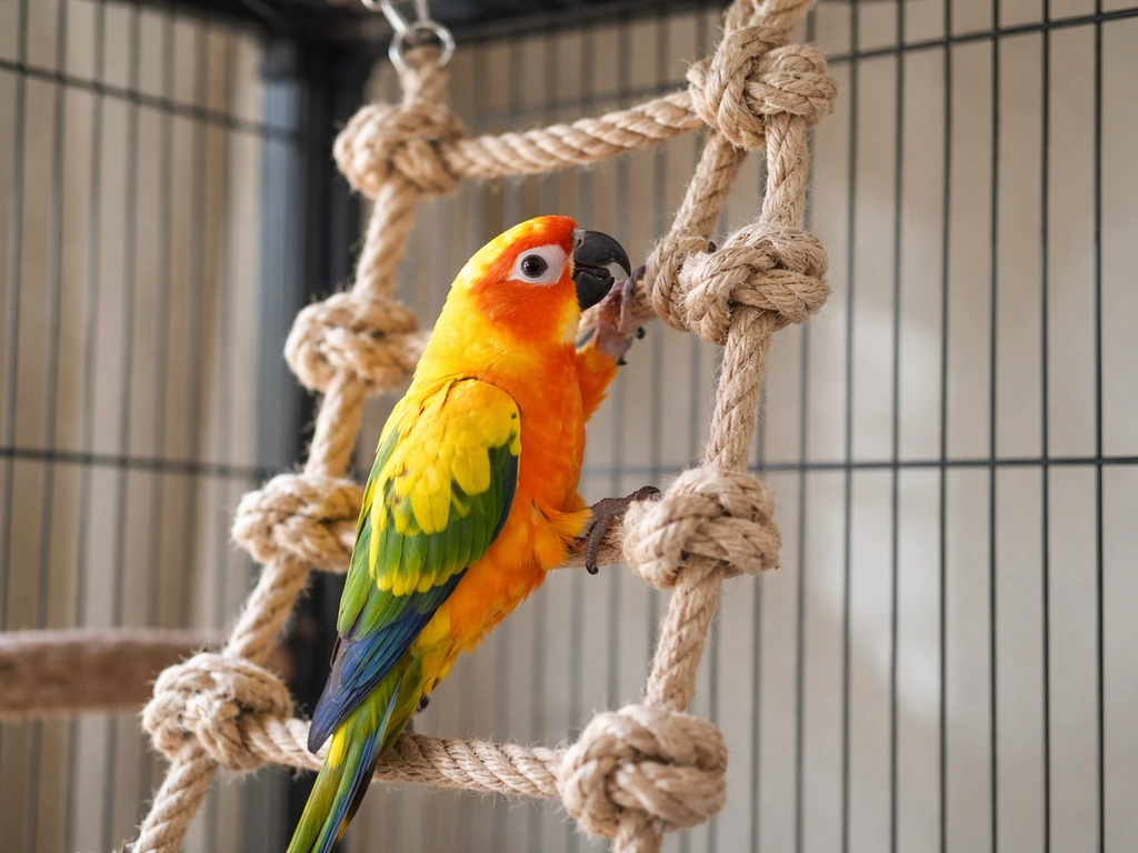 Conure climbing on a rope ladder attached to its cage, nautical rope knots and anchor points visible.