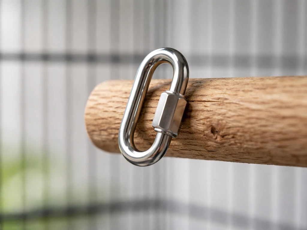 Close-up of a stainless-steel quick link attached to an untreated hardwood perch in a small bird-safe setup.