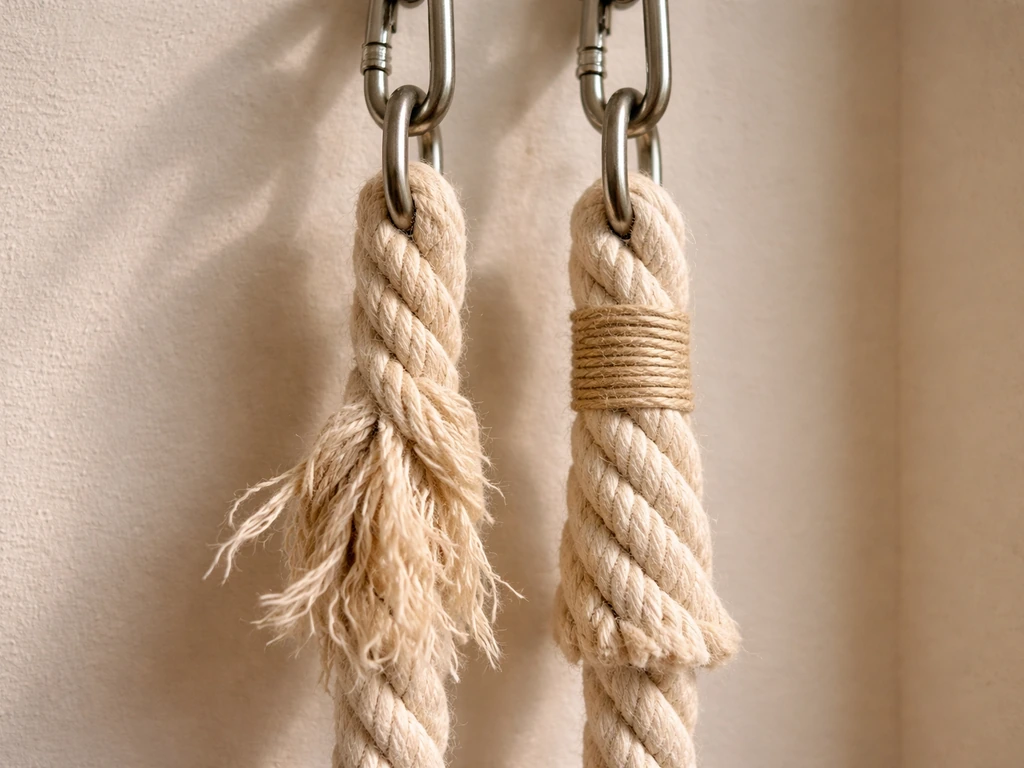 Close-up of a rope toy with fraying strands beside a safer trimmed/secured rope section on a stainless hook
