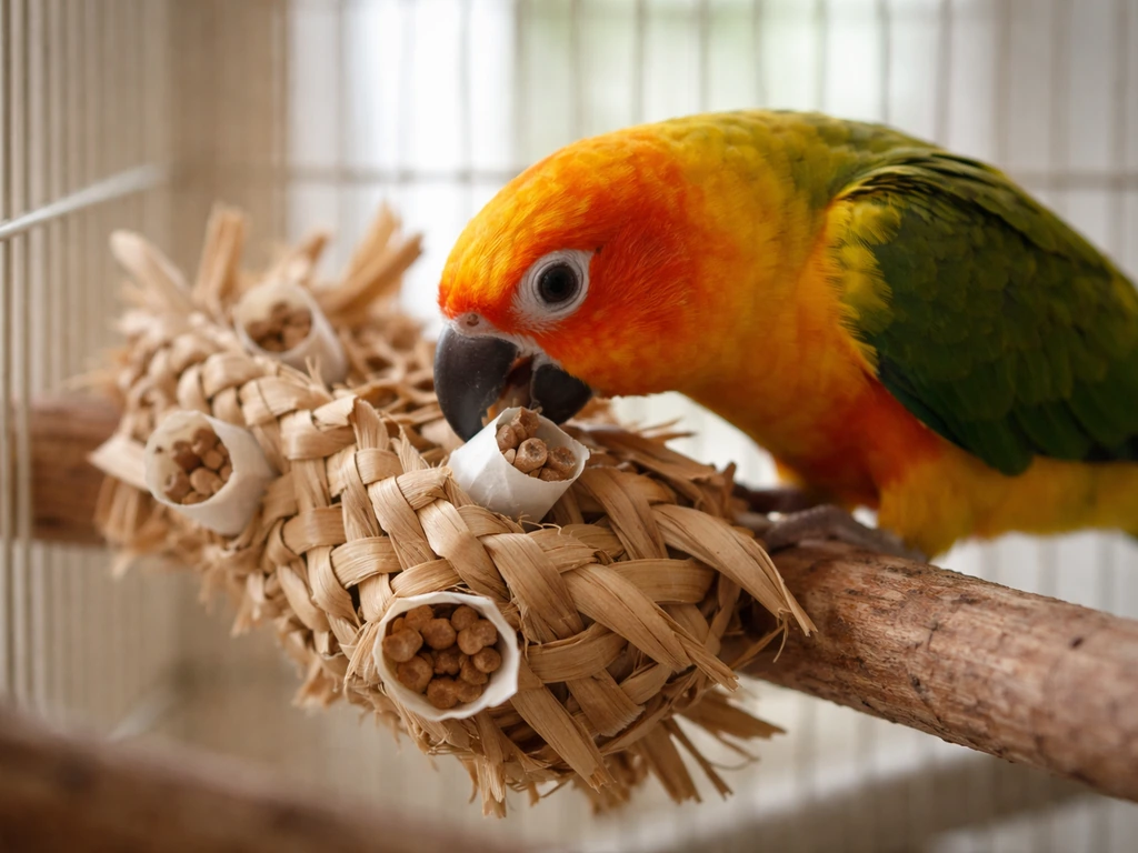 Small conure foraging in its cage with paper-wrapped pellets tucked into a palm shred toy.