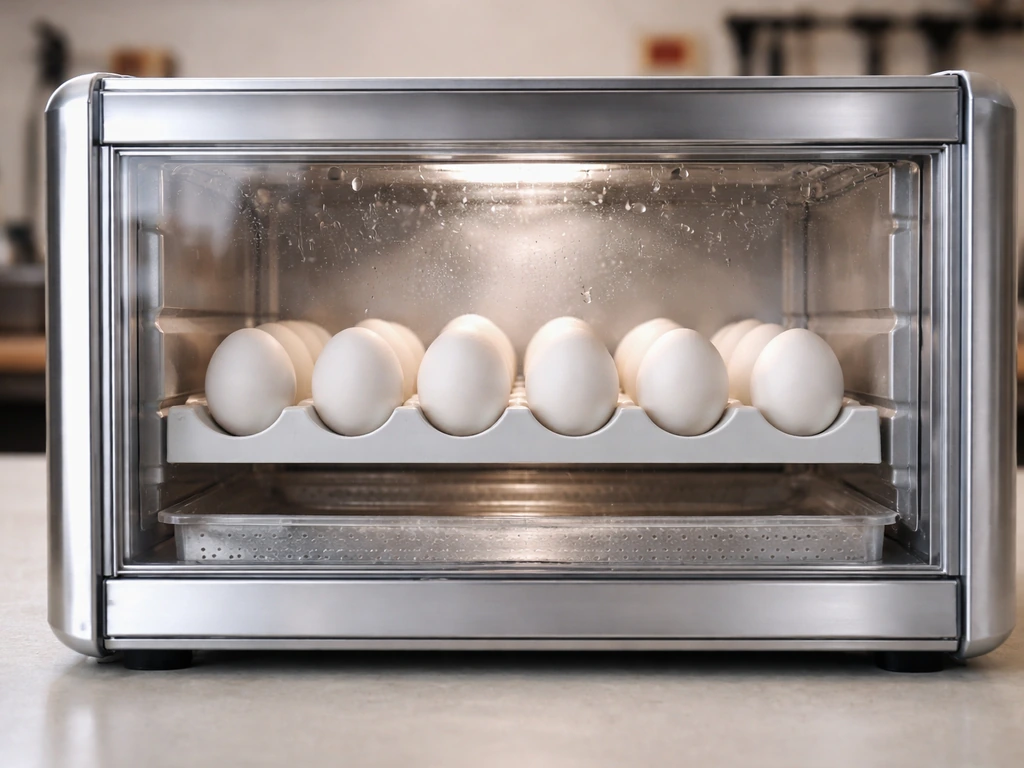 Close-up of a bird egg incubator on a bench with eggs visible and a humidification tray inside.